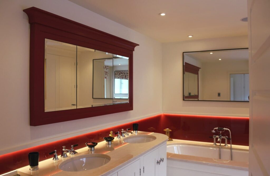 Warwickshire Country home-Twist Interiors red lights under bathroom unit