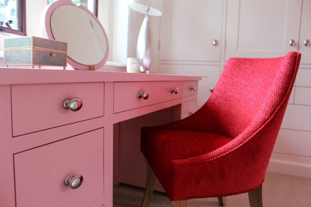 Warwickshire country home bespoke painted dressing room table and upholstered chair-twist interiors