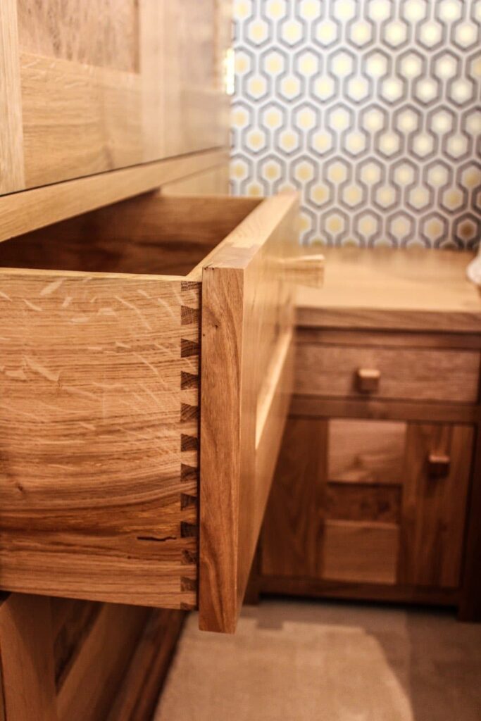 Warwickshire country home boys 1 bespoke oak veneer wardrobe drawers detail bedroom-twist interiors